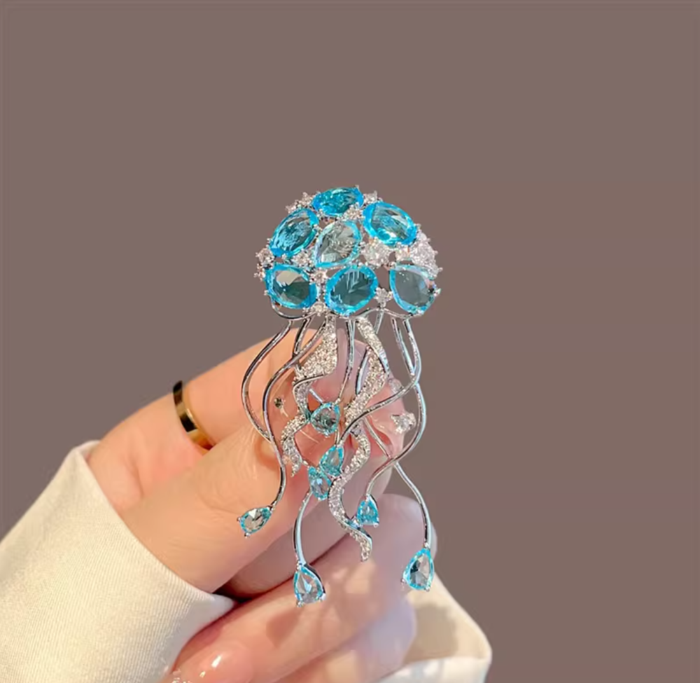 Ocean Inspired Crystal Jellyfish Pin with Dangling Rhinestones1