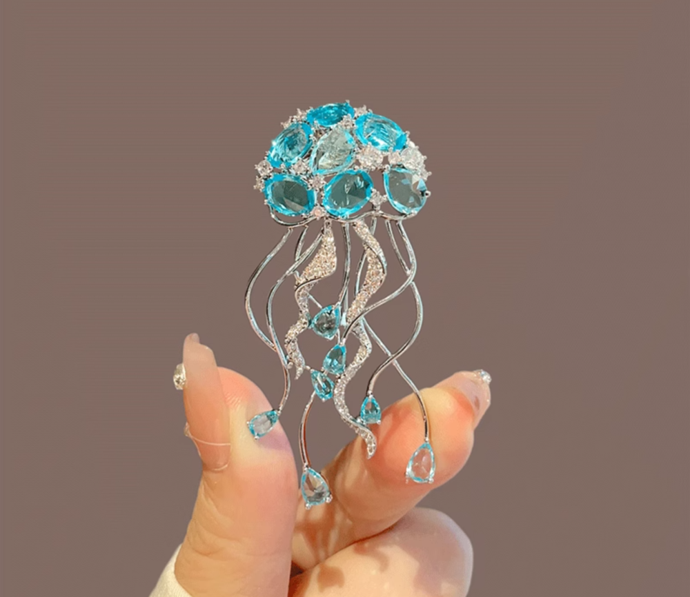 Ocean Inspired Crystal Jellyfish Pin with Dangling Rhinestones3