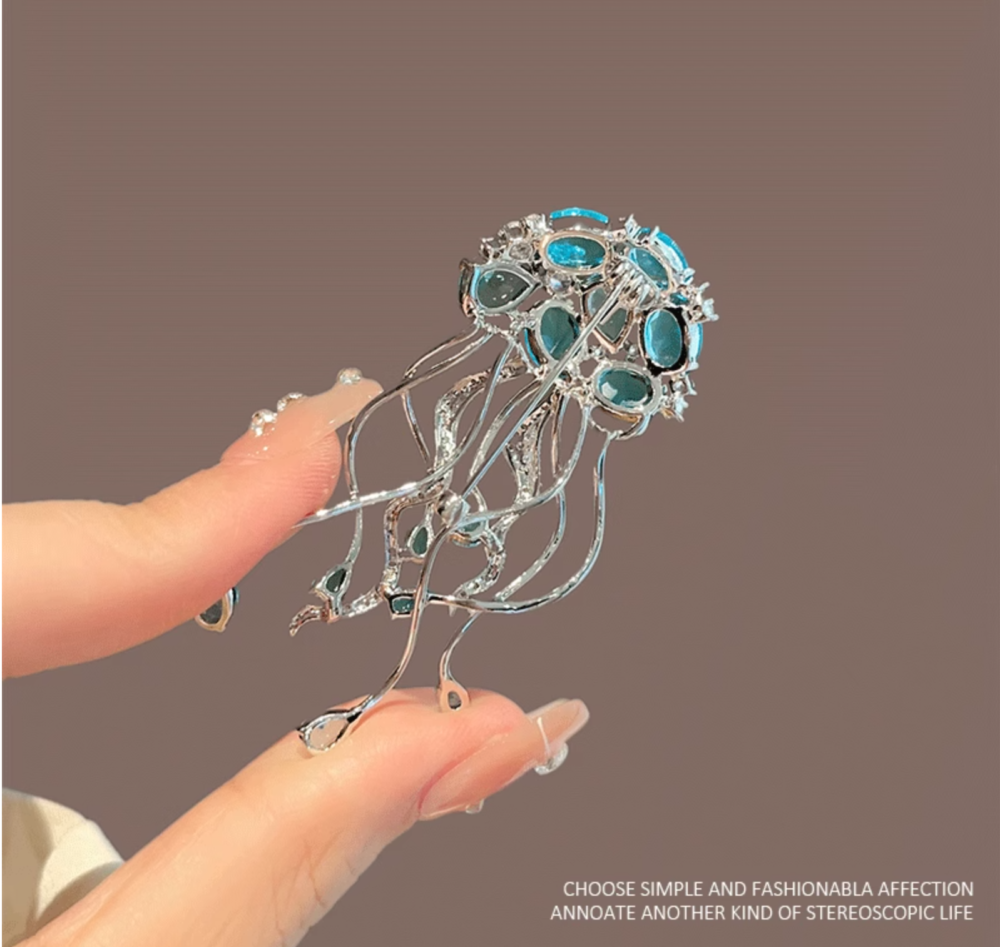 Ocean Inspired Crystal Jellyfish Pin with Dangling Rhinestones4