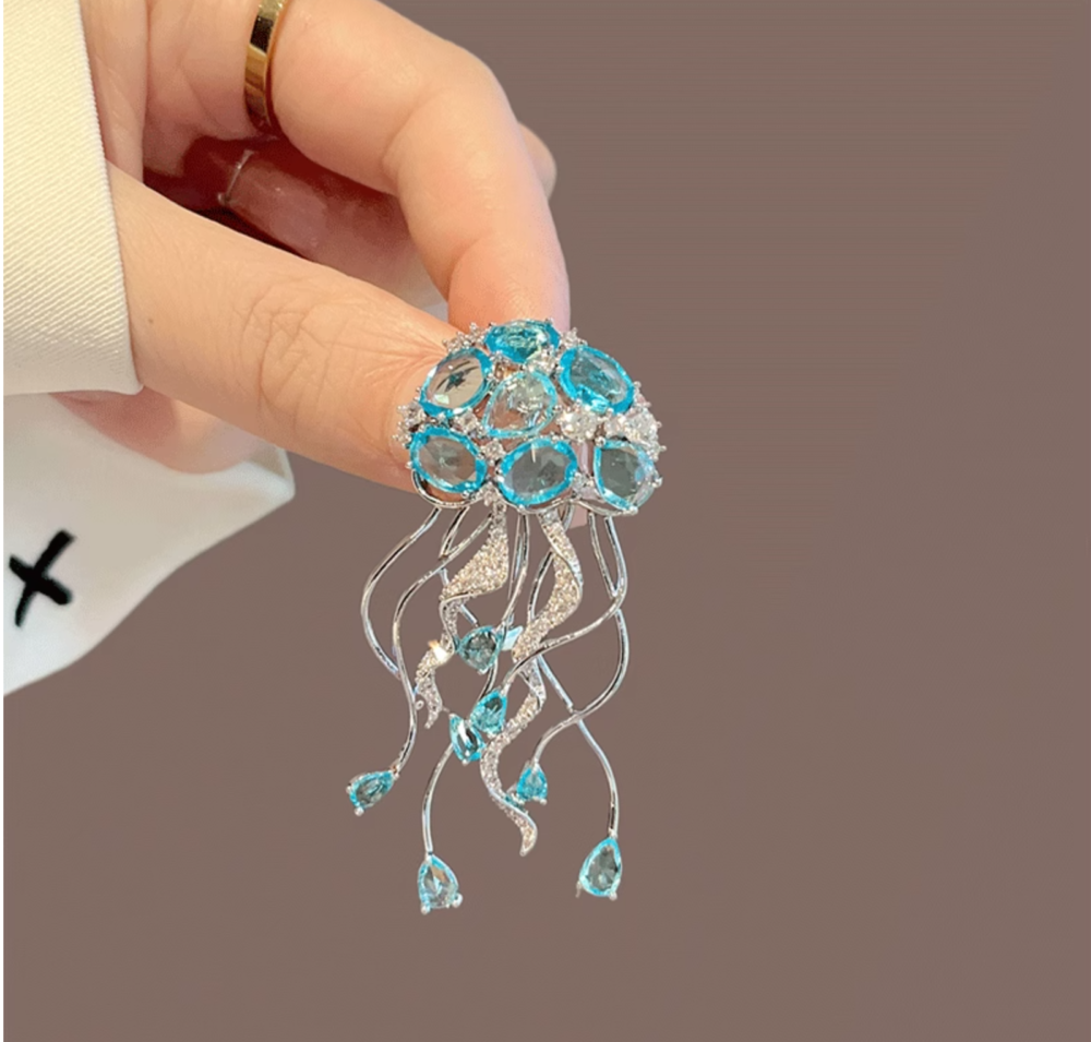 Ocean Inspired Crystal Jellyfish Pin with Dangling Rhinestones5