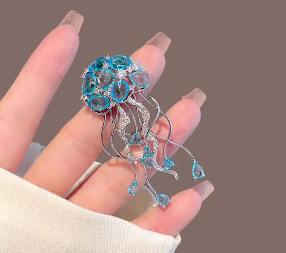 Ocean Inspired Crystal Jellyfish Pin with Dangling Rhinestones7