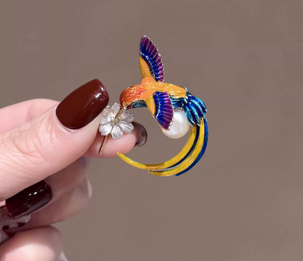 RED Enamel painted bird brooch