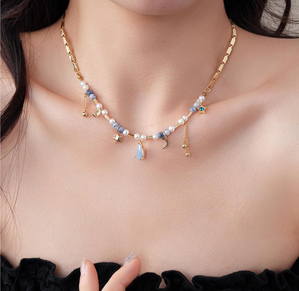 Celestial Pearl Necklace – Moon Star Teardrop Pendant1