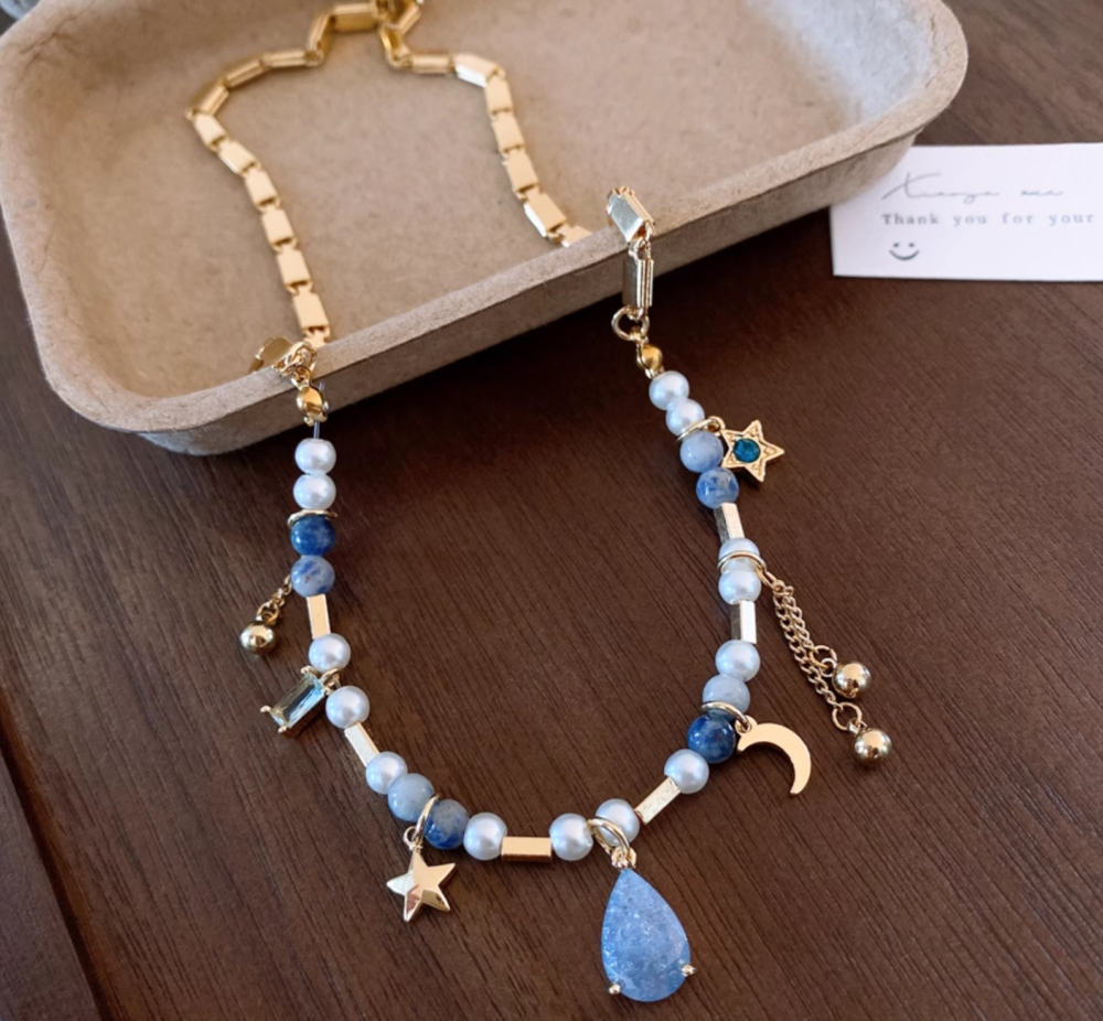 Celestial Pearl Necklace – Moon Star Teardrop Pendant2