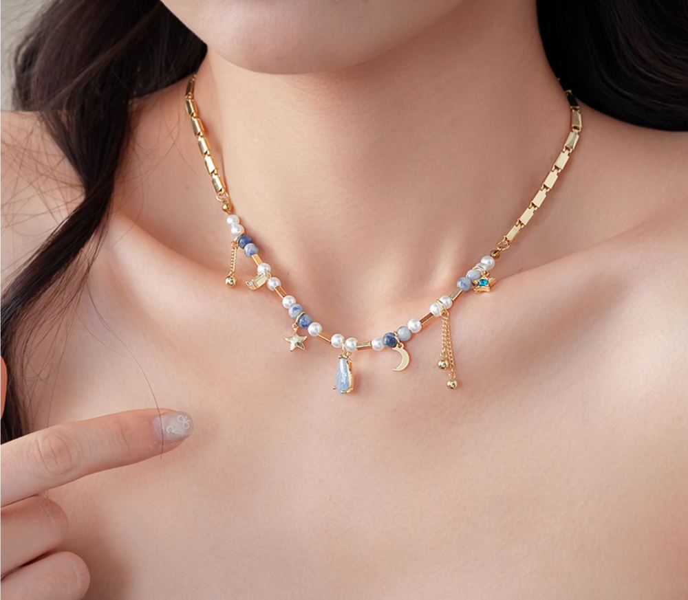 Celestial Pearl Necklace – Moon Star Teardrop Pendant3