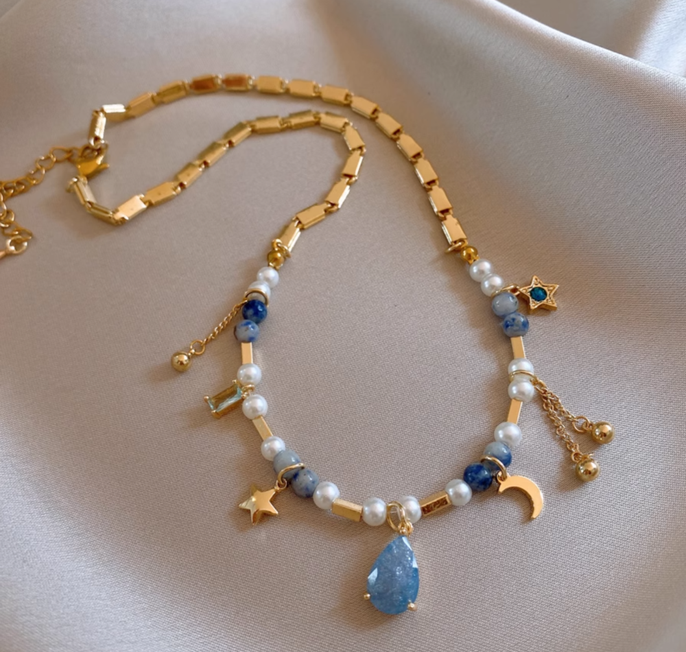 Celestial Pearl Necklace – Moon Star Teardrop Pendant4
