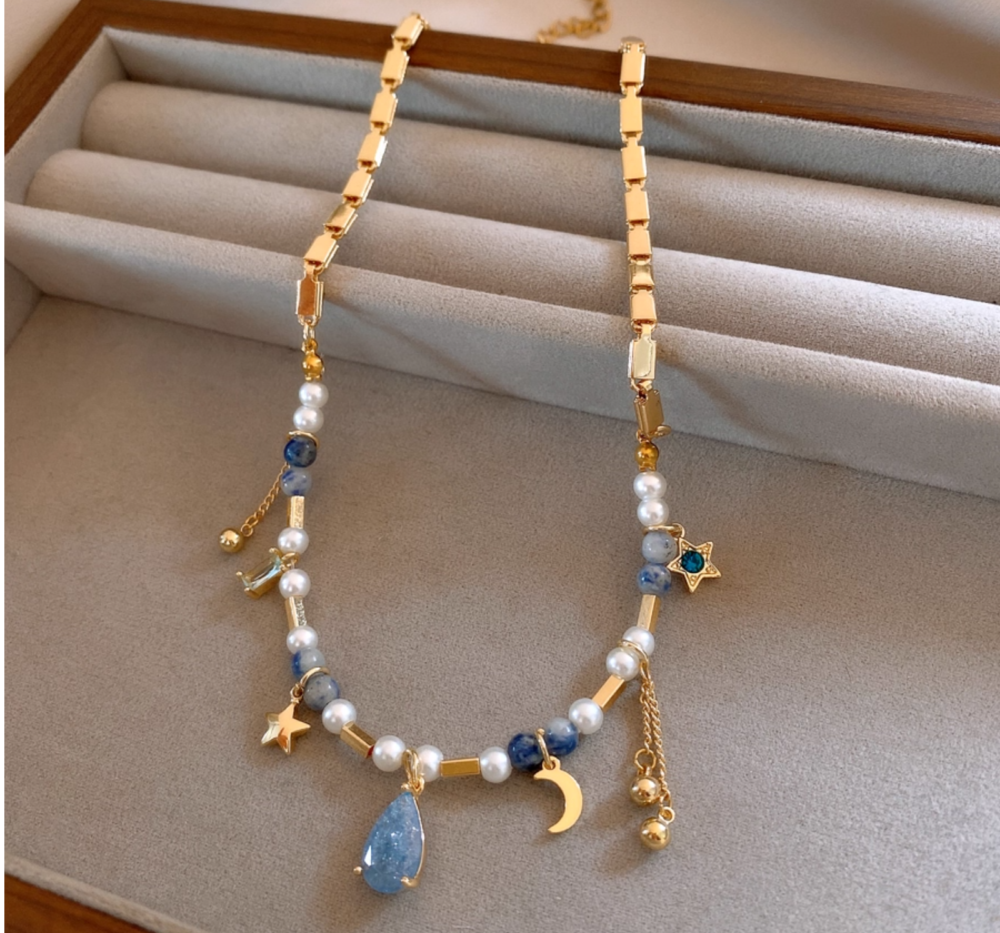 Celestial Pearl Necklace – Moon Star Teardrop Pendant5
