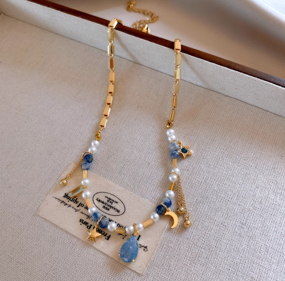 Celestial Pearl Necklace – Moon Star Teardrop Pendant6