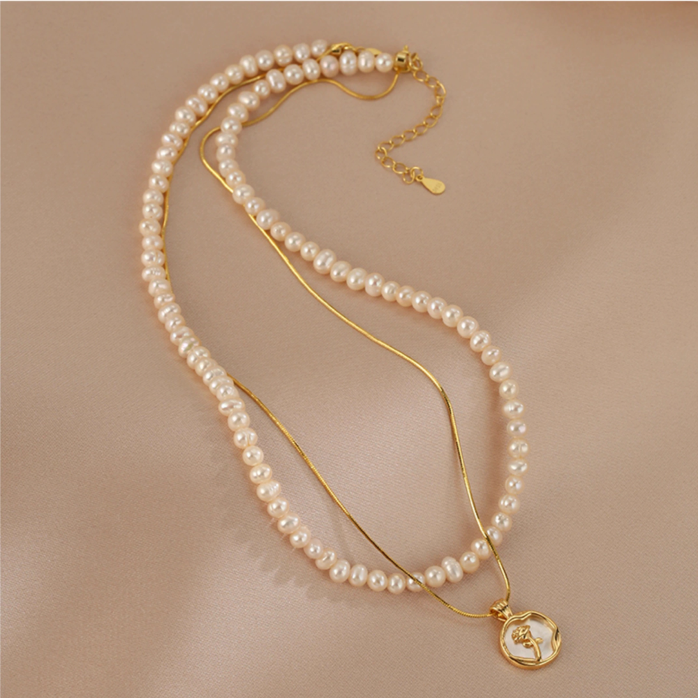 Double Layer Pearl Necklace with Rose PendantTiny Bead Choker Delicate Collarbone Chain1