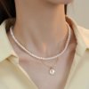 Double Layer Pearl Necklace with Rose PendantTiny Bead Choker Delicate Collarbone Chain2