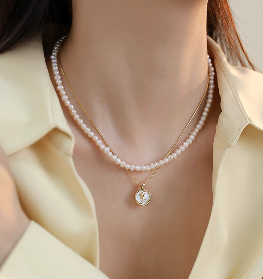 Double Layer Pearl Necklace with Rose PendantTiny Bead Choker Delicate Collarbone Chain3