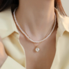 Double Layer Pearl Necklace with Rose PendantTiny Bead Choker Delicate Collarbone Chain3