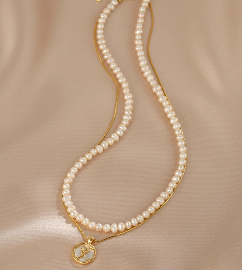 Double Layer Pearl Necklace with Rose PendantTiny Bead Choker Delicate Collarbone Chain5