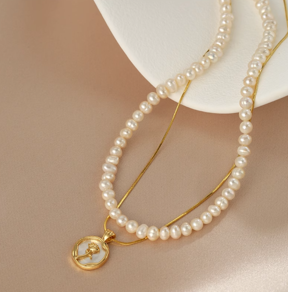 Double Layer Pearl Necklace with Rose PendantTiny Bead Choker Delicate Collarbone Chain6