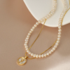Double Layer Pearl Necklace with Rose PendantTiny Bead Choker Delicate Collarbone Chain6